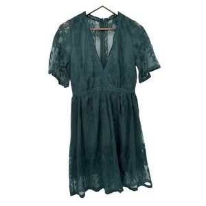 Haute Monde Green Floral Sheer Lace V-Neck Dress lined forest fairy boho M/L